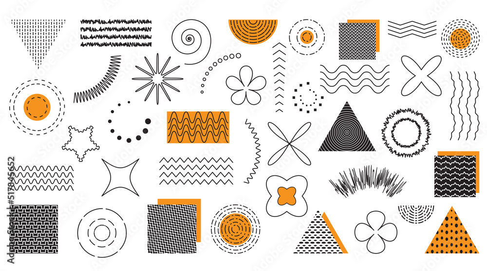 Poster Geometric shape design. Abstract line elements, circle Memphis figures, modern geometry dots lines and circles and squares shapes collection. Minimal contemporary graphic patterns vector set