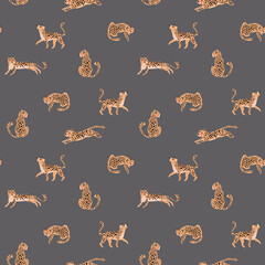 Leopard cute jungle baby animal character. Kids card template and seamless background pattern set. Hand drawn cartoon surface design illustration.
