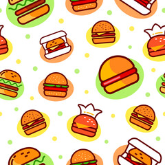 Burger pattern. Hamburger food for restaurant paper, barbecue or sandwich with beef, delicious meat wrapping design. Seamless texture, bright elements isolated, vector kitchen print