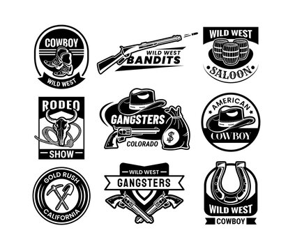 Western cowboy logo. Vintage Wild West gun and rodeo in ranch. Texas county cow and horse. American boy signs. Black silhouette symbols for saloon and gold miners. Vector emblems set