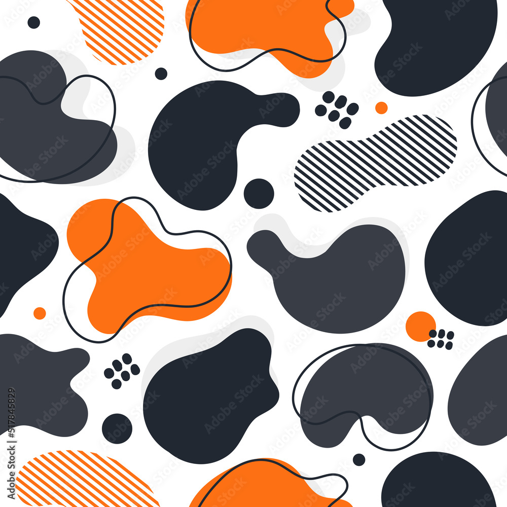 Poster Liquid irregular shapes. Abstract pattern. Amorphous ovals. Fluid jelly silhouettes. Orange and gray blotches. Minimalist print with geometric curve stains. Vector seamless background