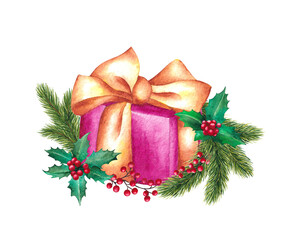 Christmas gift watercolor. The illustration can be used for the design of postcards, posters, children's books, covers, decorations, decor, paper.