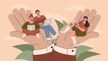 Professional support in workplace. Workers benefit business and job on group. Helping hands. Man and women work with laptops. Freelance people in casual poses. Vector team illustration