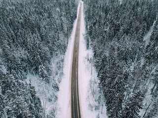 Winter snow road from above . Natural natural background.