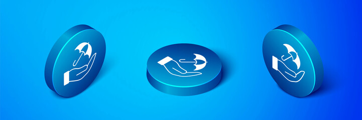 Isometric Umbrella in hand icon isolated on blue background. Insurance concept. Waterproof icon. Protection, safety, security concept. Blue circle button. Vector