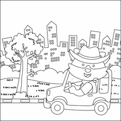Cute little monkey driving a car go to forest funny animal cartoon,  Trendy children graphic with Line Art Design Hand Drawing Sketch Vector illustration For Adult And Kids Coloring Book.