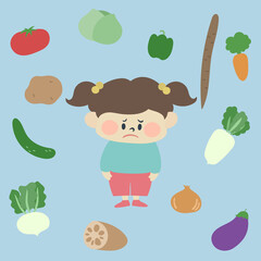 野菜が苦手な女の子のイラスト素材