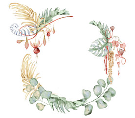 Watercolor wreath with anemone flowers, eucalyptus and monstera leaves. Hand drawn illustration