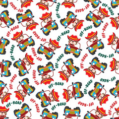 Fototapeta premium Seamless pattern vector of Cute fox cartoon having fun driving off road car go to forest. Creative vector childish background for fabric textile, nursery wallpaper, poster. and other decoration.