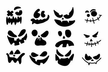 Halloween face silhouette sticker. Scary halloween pumpkins, icon set, vector illustration.