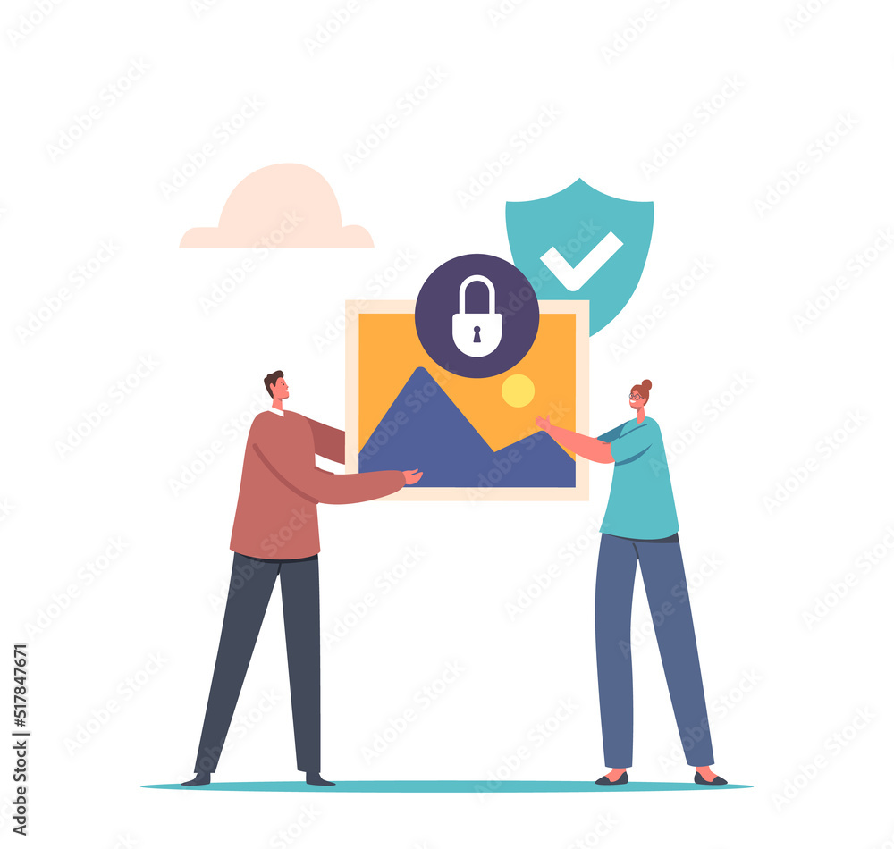 Aufkleber data protection concept, social media documents network security, tiny characters with huge media fi