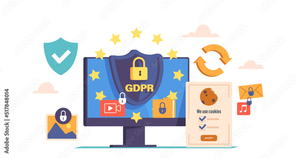 Poster general rules for data protection gdpr concept with computer monitor, shield and lock. european comm