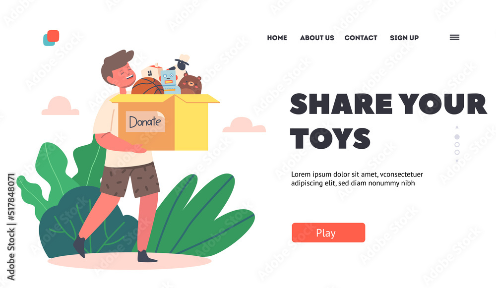 Wall mural Share your Toys Landing Page Template. Charity, Social Care and Help to Children. Little Boy Orphan with Donation Box - Wall murals