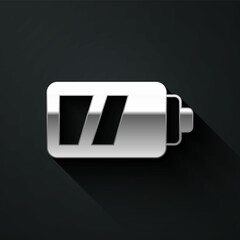 Silver Battery for camera icon isolated on black background. Lightning bolt symbol. Long shadow style. Vector