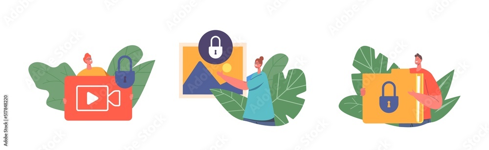 Poster data protection, privacy concept. tiny characters with huge video, photo and document files with pad
