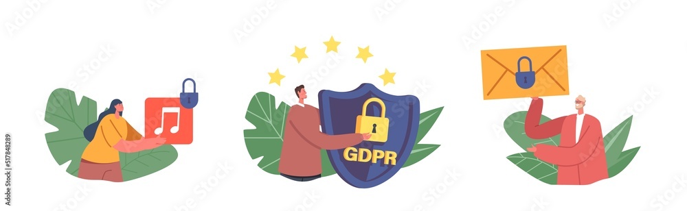 Poster gdpr policy, data protection, privacy concept. tiny characters with huge media file, shield and enve