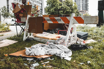 New homeless camp with tent at the corner of West Georgia Street and West Pender Street in downtown...