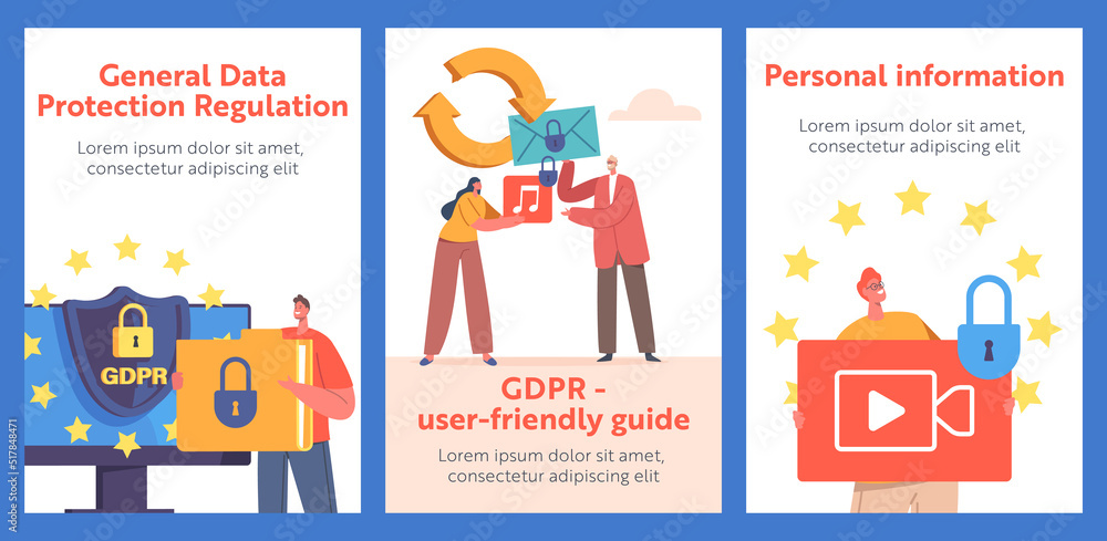 Poster gdpr, privacy data protection in internet, virtual private network cartoon banner. tiny characters a