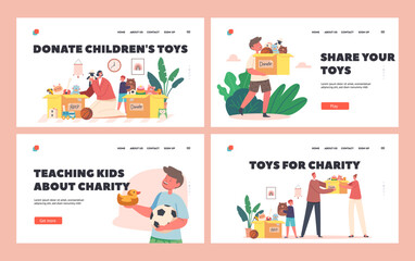 Toys Donation, Humanitarian Aid to Orphans Landing Page Template Set. Children and Volunteer Characters Sorting Toys Box