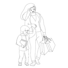 Family with purchases. Mother with son hold shopper bags. Vector.