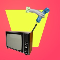 Contemporary art collage. Retro TV set and phone handset. News spreading and communication. Concept of pop art, creativity, surrealism, imagination