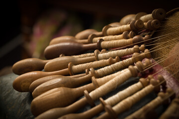 Detail of antique lace pillow with bobbins