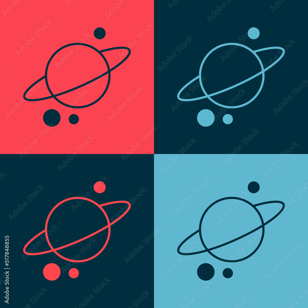 Poster pop art planet saturn with planetary ring system icon isolated on color background. vector