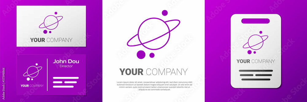 Poster logotype planet saturn with planetary ring system icon isolated on white background. logo design tem