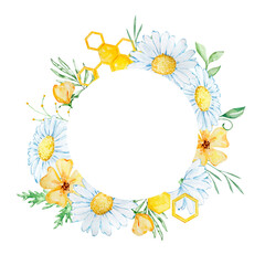Round frame with watercolor chamomile and honeycomb