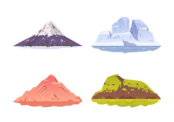 Set of vector isolated cartoon mountain icons. Mountains natural landscape, hill top, iceberg, snow ice peaks. Travel mountaineering, tourism or hiking design elements. Vector illustration.