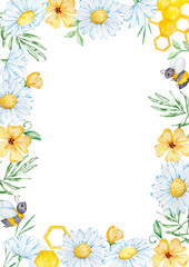 Frame of watercolor chamomile, leaves, bees and honeycombs