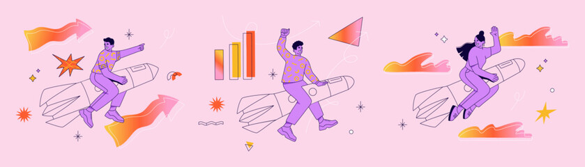 Young girl and two guys flying on the rocket in sky. Businessmen aim for a goal. Launch and development of start ups. Hand drawn vector illustration isolated on purple background. Flat cartoon style