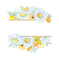 Frame banner with watercolor chamomile and honeycomb