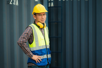 Engineer container cargo foreman in helmets working standing at cargo container ship port warehouse.