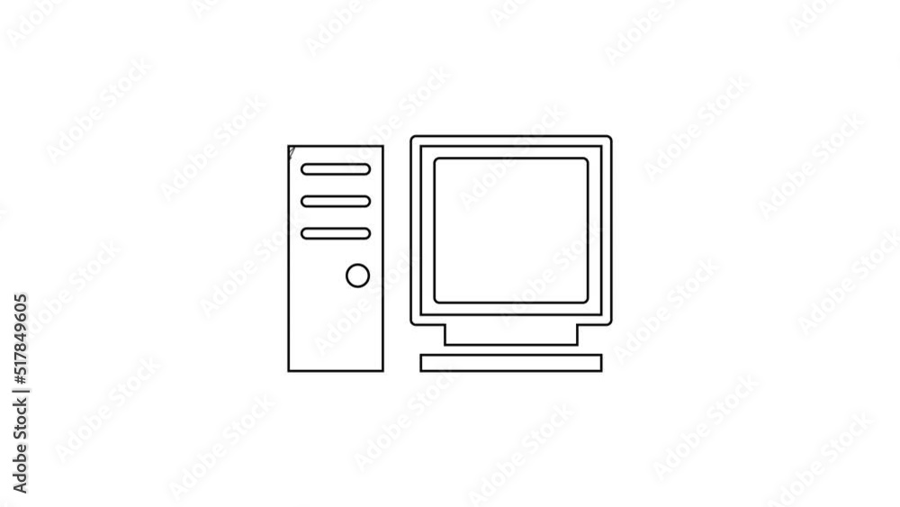 Poster black line computer monitor icon isolated on white background. pc component sign. 4k video motion gr