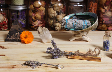 Dried Lavender With Palo Santo Wood and Abalone Shell For Smudging Ritual