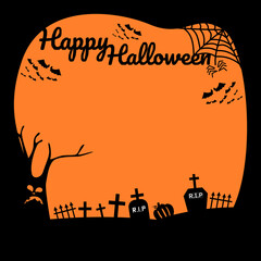 halloween background with grave, cross and scary tree.