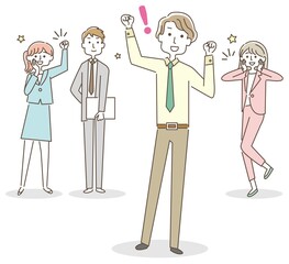 ガッツポーズをする男性と応援する同僚達