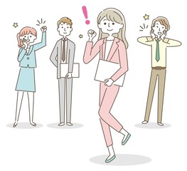 ガッツポーズをする女性と応援する同僚達
