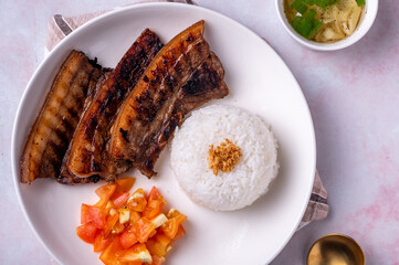 Inihaw na Liempo-Grilled Pork Belly with tomato and vinegar dip on the side