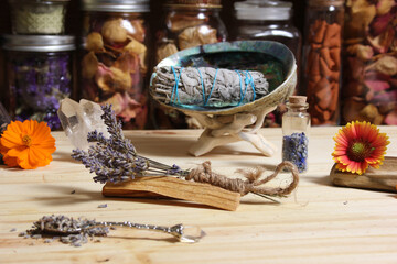 Dried Lavender With Palo Santo Wood and Abalone Shell For Smudging Ritual
