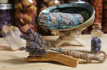 Dried Lavender With Palo Santo Wood and Abalone Shell For Smudging Ritual