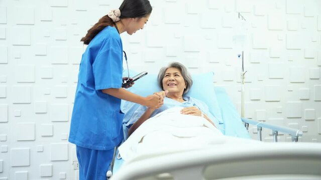Female doctor brought the results of the treatment to the female patients and encourage her. Elderly female patient Thanking the female doctor for treating her until her condition improved.