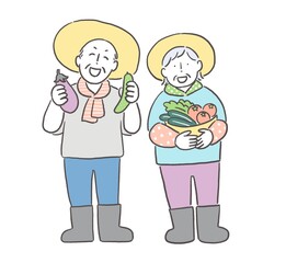 シニア夫婦と野菜の収穫
