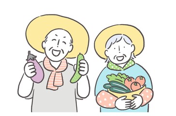 シニア夫婦と野菜の収穫