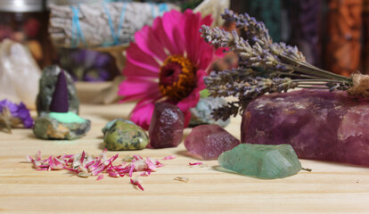 Dried Flowers and Crystal Stones on Meditation Altar Shallow DOF