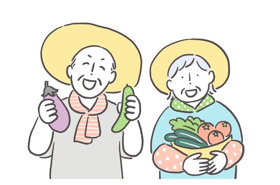 シニア夫婦と野菜の収穫