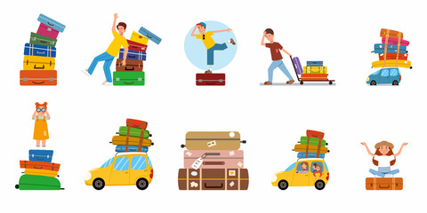 set of flat vector illustrations on the theme of travel. A big pile of suitcases. man drops the luggage. The girl looks through binoculars standing on the bags. An overloaded car is going on a trip.