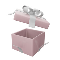 Opened pink gift box with white ribbon png transparent. 3d illustration render surprise box. Realistic vector icon for wedding banners, birthday presentation or celebrate2
