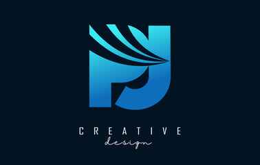 Creative blue letters Pj p j logo with leading lines and road concept design. Letters with geometric design.